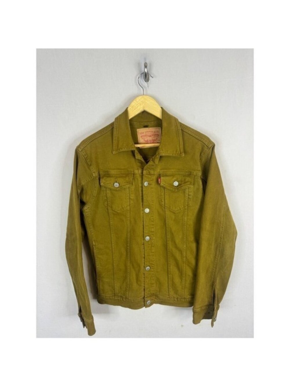Levis Women Olive Mustard Yellow Denim Trucker Jacket Large Red Tab Button Front